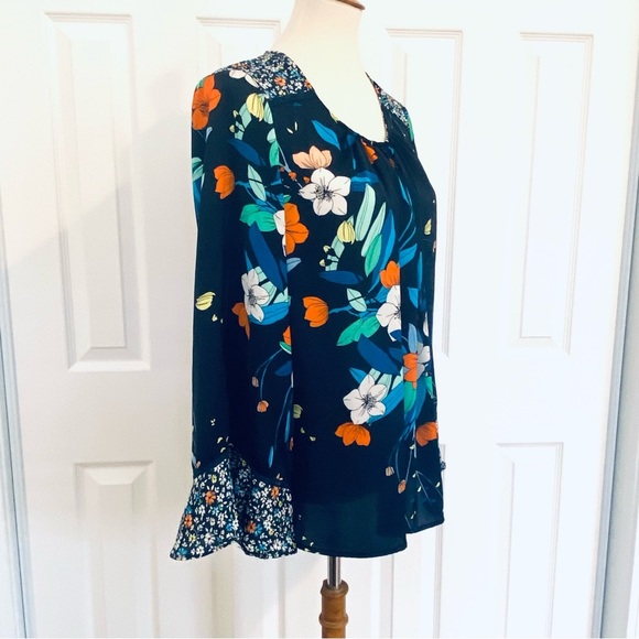 Nanette Lepore Navy Floral Blouse Mixed Print Bell Sleeves Boho Womens Sz L - Picture 6 of 10